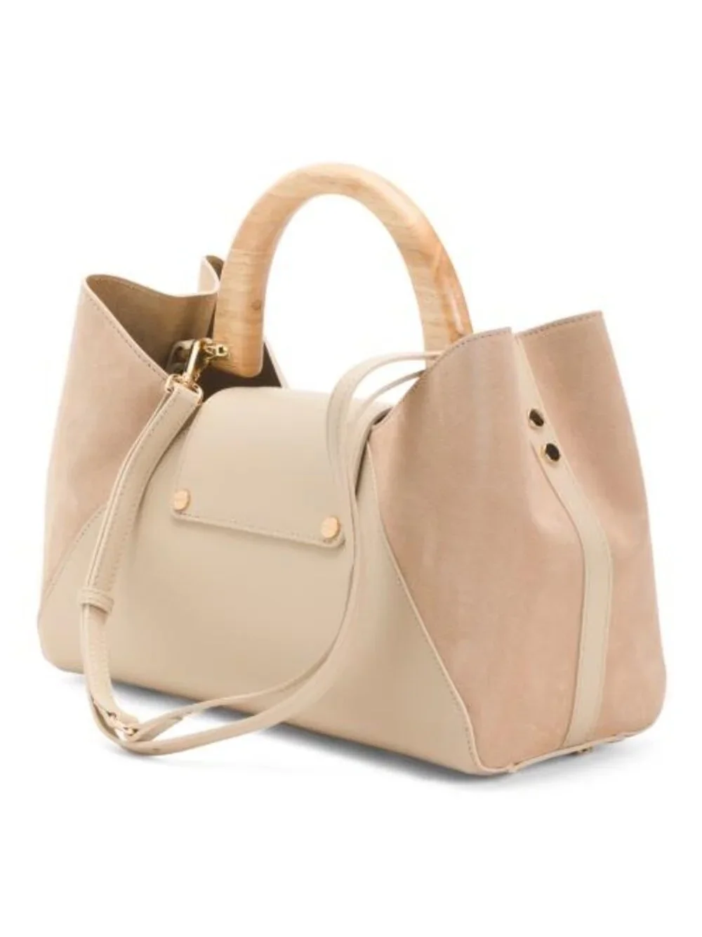 CLAUDIA Made In Italy Suede East West Satchel With Wood Handle - Picture 3 of 5